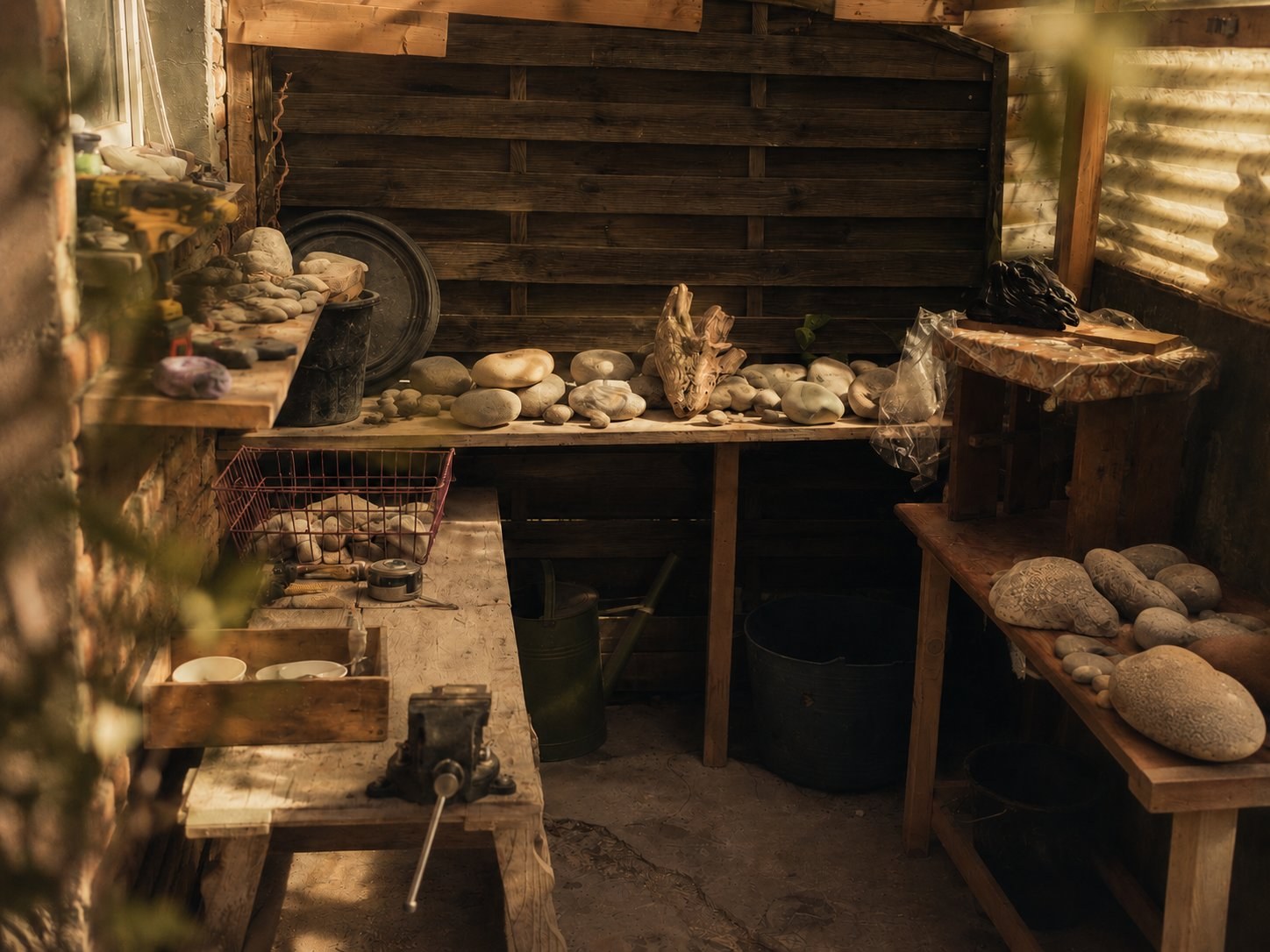 Atelier von Mathias Pointner mit Steinen in verschiedenen Stadien